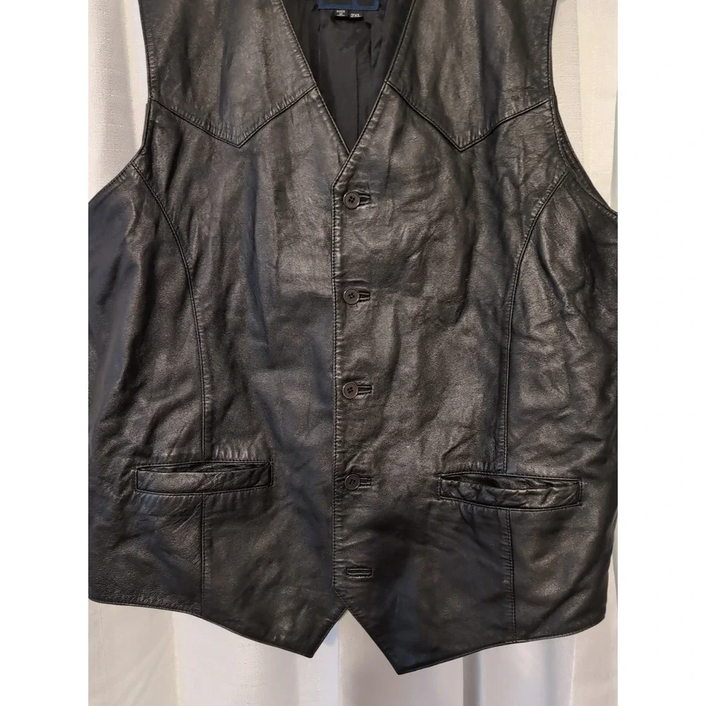 Black Leather Vest Mens Sleeveless‎ Button Up Biker Western Cowboy XXL